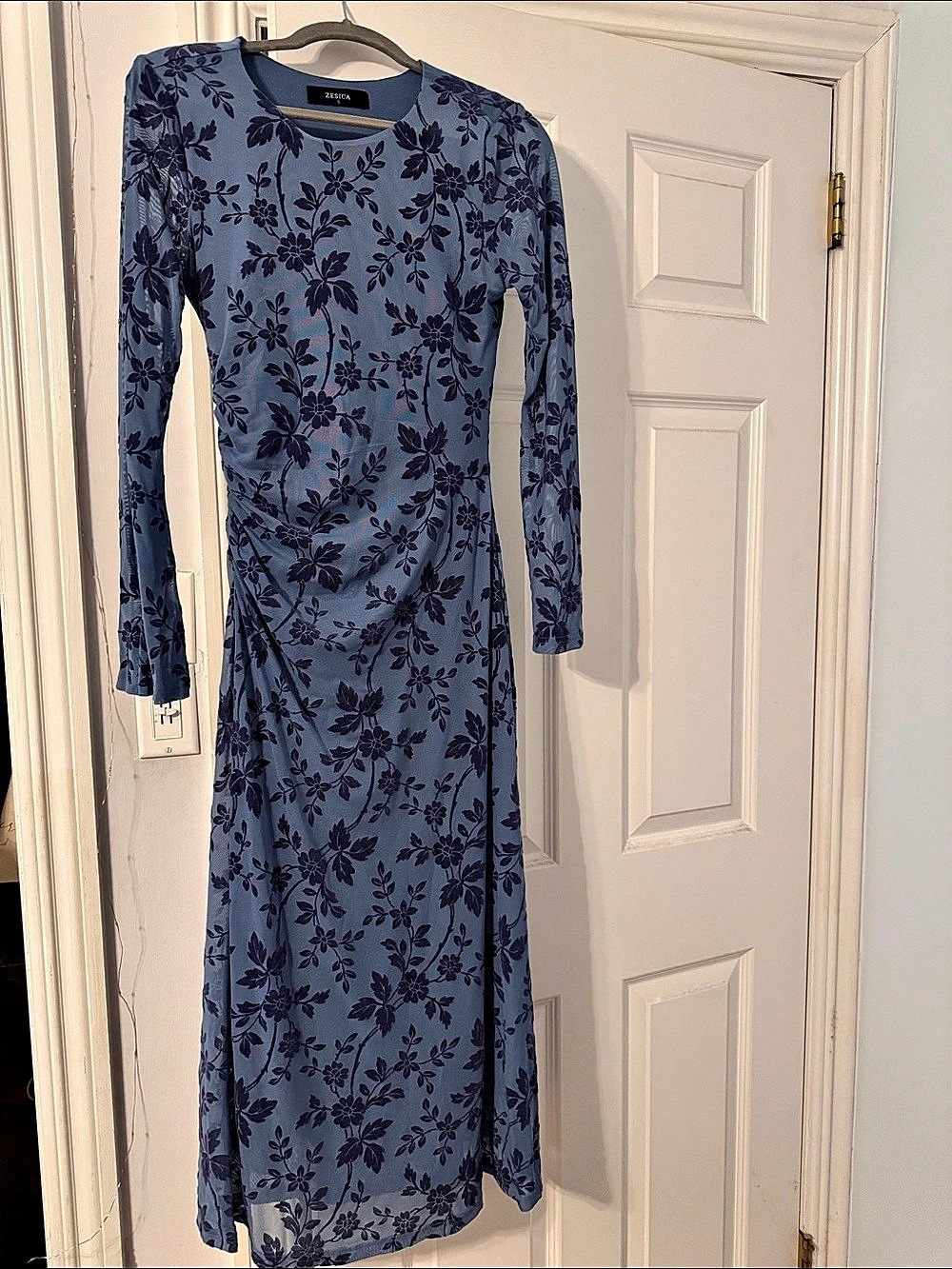 ZESICA Long Sleeve Floral Print Mesh Ruched Midi Dress Blue & Purple Small